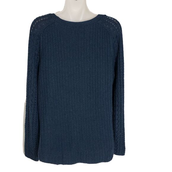 Ann Taylor Loft Womens Sweater Large Blue Cable Open Knit Round Neck Wool Blend - Picture 2 of 10